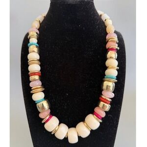 LOFT Chunky Beaded Necklace 19" Pastel Pink Cream Gold Tone Spring Summer Bold